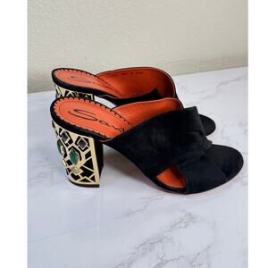 Santoni Italian Suede‎ Leather Embellished Block Heel Mules Sandals Heels Sz 8